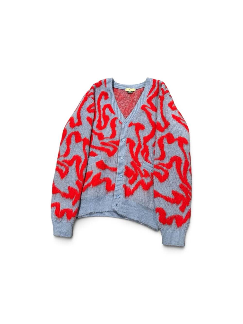 Esc Cardigan Size M/M Red Light Blue Abstract Pattern V-Neck